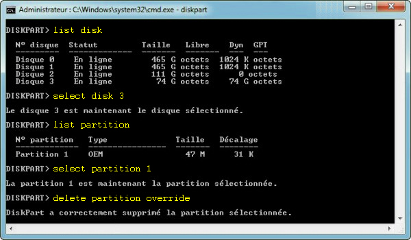 Supprimer une partition OEM avec diskpart